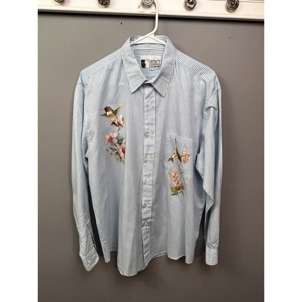 Infinity Button Down Womens Large Blue Stripe Hummingbird Birdcage Embroidery